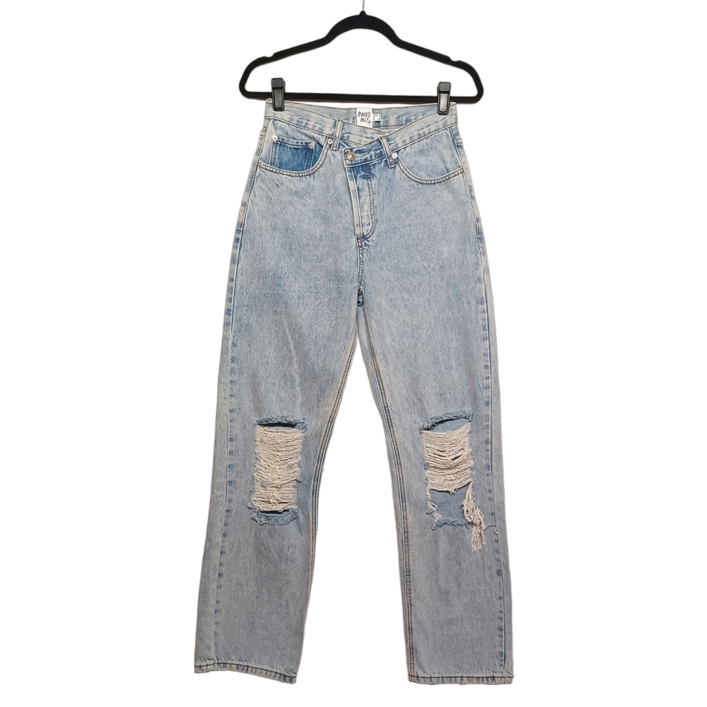 PRINCESS POLLY Button Fly Asymmetrical Distressed Light Wash Straight Leg Jeans